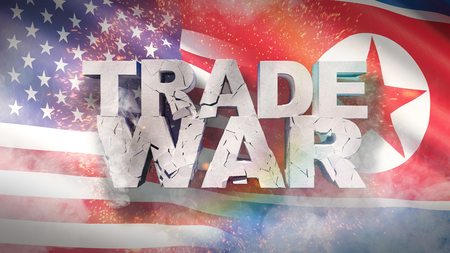 USA and North Korea relationship concept. Cracked text Trade war on flag. 3D illustration.の写真素材