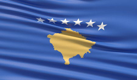 Flag of Kosovo. Waved highly detailed fabric texture. 3D illustration.の写真素材