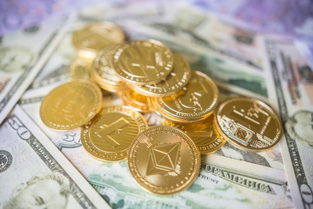 Crypto currency coin set collection, bitcoin, ethereum, litecoin.の写真素材