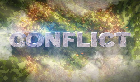 Military war background camouflage fabric texture with text conflictの写真素材