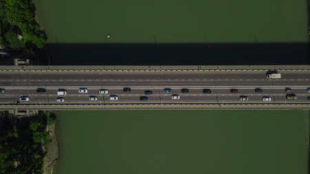 Aerial road view of traffic jam on a car bridge