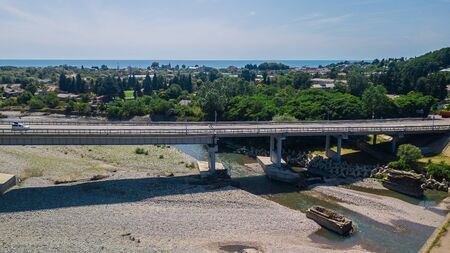 Aerial view of traffic on bridge, 2 lane road with carsの写真素材