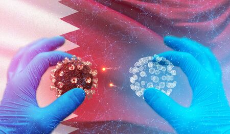 Novel coronavirus concept resposible for asian flu outbreak and coronaviruses influenza concept on background with flag of Qatarの写真素材