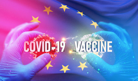 COVID-19 vaccine medical concept with Official EU flag. European Union Flag. 3D illustration.