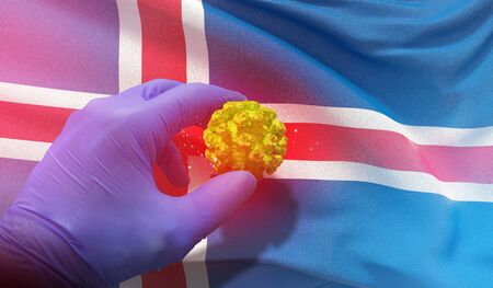 Coronavirus COVID-19 outbreak concept, health threatening virus, background waving national flag of Iceland. Pandemic stop Novel Coronavirus outbreak covid-19 3D illustration.の写真素材