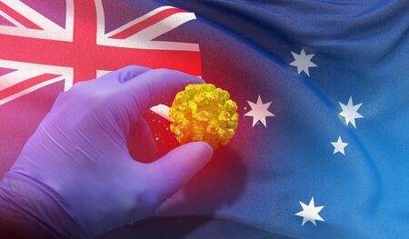 Coronavirus COVID-19 outbreak concept, health threatening virus, background waving national flag of Australia. Pandemic stop Novel Coronavirus outbreak covid-19 3D illustration.の写真素材