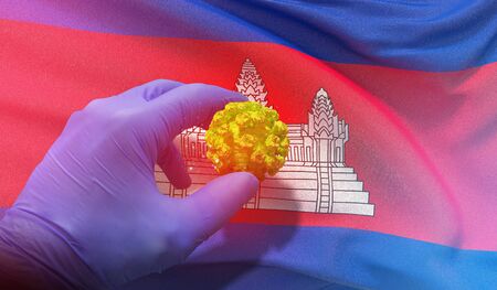 Coronavirus COVID-19 outbreak concept, health threatening virus, background waving national flag of Cambodia. Pandemic stop Novel Coronavirus outbreak covid-19 3D illustration.の写真素材