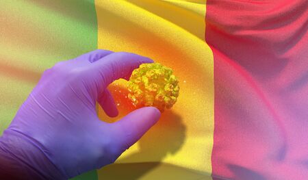 Coronavirus COVID-19 outbreak concept, health threatening virus, background waving national flag of Mali. Pandemic stop Novel Coronavirus outbreak covid-19 3D illustration.の写真素材