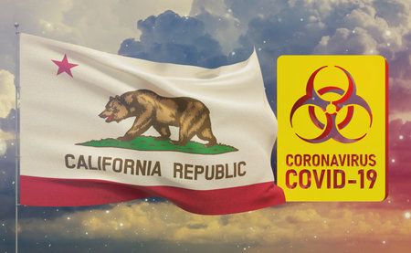 COVID-19 Visual concept - Coronavirus COVID-19 biohazard sign with flags of the states of USA. State of California flag. Pandemic stop Novel Coronavirus outbreak covid-19 3D illustration.の写真素材