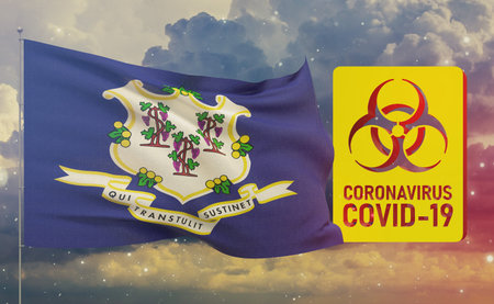 COVID-19 Visual concept - Coronavirus COVID-19 biohazard sign with flags of the states of USA. State of Connecticut flag. Pandemic stop Novel Coronavirus outbreak covid-19 3D illustration.の写真素材