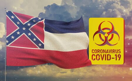 COVID-19 Visual concept - Coronavirus COVID-19 biohazard sign with flags of the states of USA. State of Mississippi flag. Pandemic stop Novel Coronavirus outbreak covid-19 3D illustration.の写真素材