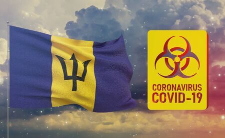 COVID-19 Visual concept - Coronavirus COVID-19 biohazard sign with flag of Barbados. Pandemic 3D illustration.の写真素材