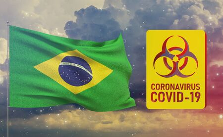 COVID-19 Visual concept - Coronavirus COVID-19 biohazard sign with flag of Brazil. Pandemic 3D illustration.の写真素材