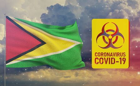COVID-19 Visual concept - Coronavirus COVID-19 biohazard sign with flag of Guyana. Pandemic 3D illustration.の写真素材