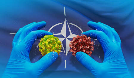 Waving national flag of NATO. Waved highly detailed close-up 3D render.のeditorial素材