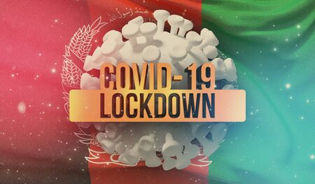 COVID-19 lockdown concept with backgroung of waving national flag of Afghanistan. Waved highly detailed close-up 3D render.の写真素材