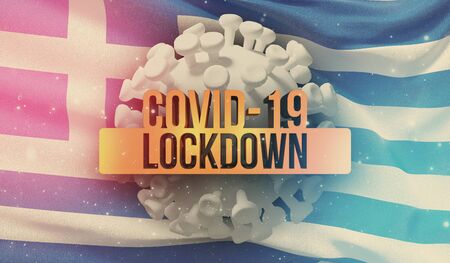 COVID-19 lockdown concept with backgroung of waving national flag of Greece. Pandemic 3D illustration.の写真素材