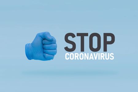 COVID-19 Visual concept - stop hand-gesture to virus infection. Stop sign with hand. Coronavirus pandemic 3D illustration.の写真素材