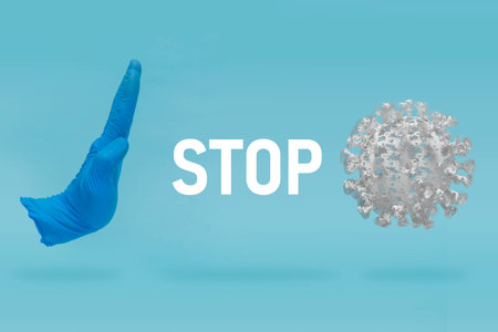 COVID-19 Visual concept - stop hand-gesture to virus infection. Stop sign with hand. Coronavirus...