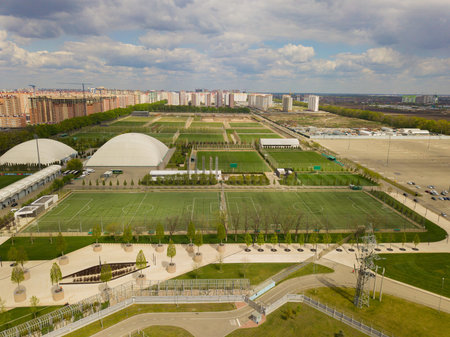 Krasnodar cityscape and FC Krasnodar stadium from aerial viewのeditorial素材