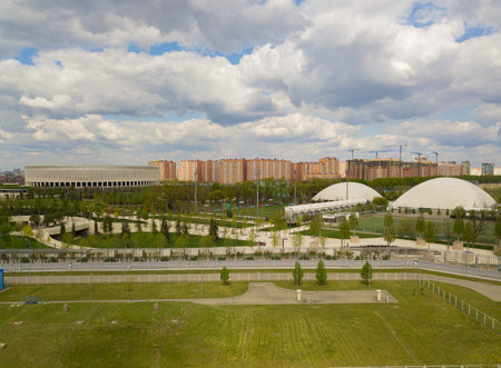 Krasnodar cityscape and FC Krasnodar stadium from aerial viewのeditorial素材