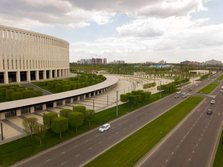 Krasnodar cityscape and FC Krasnodar stadium from aerial viewのeditorial素材