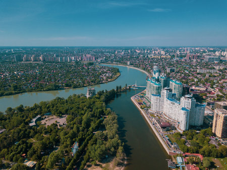 Russioa, Krasnodar cityscape and Kuban river from aerial view. Krasnodar region, Russia