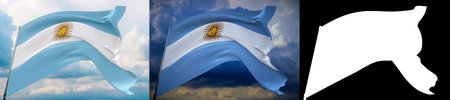 Waving flags of the world - flag of Argentina. Set of 2 flags and alpha matte image. Very high quality mask without unwanted edge. High resolution for professional composition. 3D illustration.の写真素材