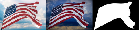 Waving flags of the world - American Flag. Set of 2 flags and alpha matte image. Very high quality mask without unwanted edge. High resolution for professional composition. 3D illustration.の写真素材