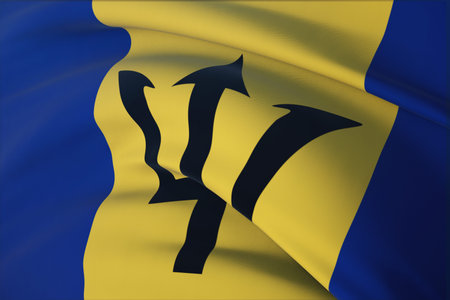Waving flags of the world - flag of Barbados. Closeup view, 3D illustration.