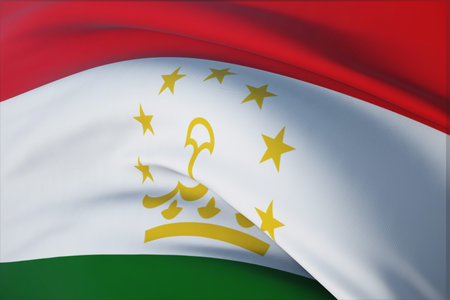 Waving flags of the world - flag of Tajikistan. Closeup view, 3D illustration.の写真素材