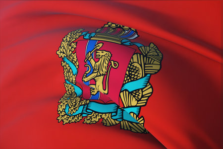 The flag of Krasnoyarsk Krai. 3D illustration close-up flag background. Flags of the federal subjects of Russia.の写真素材
