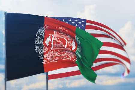 Waving American flag and flag of Afghanistan. Closeup view, 3D illustration.の写真素材