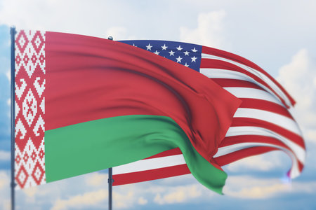 Waving American flag and flag of Belarus. Closeup view, 3D illustration.