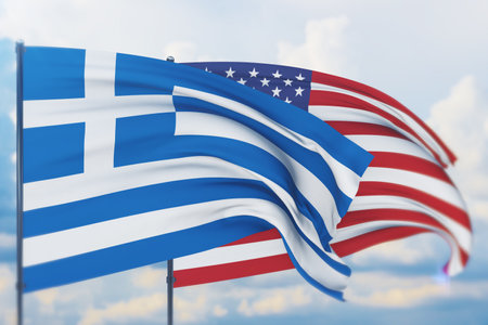 Waving American flag and flag of Greece. Closeup view, 3D illustration.の写真素材