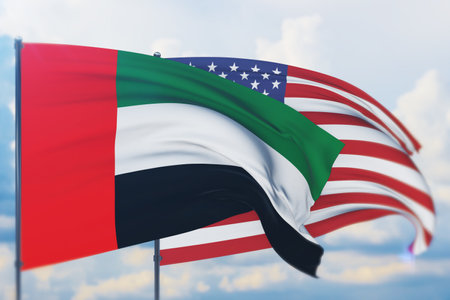 Waving American flag and flag of United Arab Emirates. Closeup view, 3D illustration.の写真素材