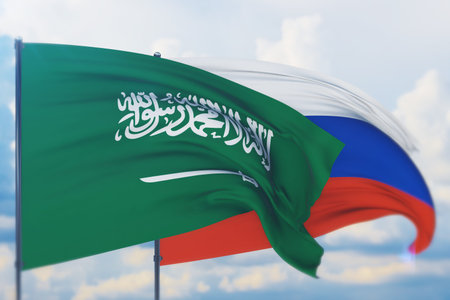 Waving Russian flag and flag of Saudi Arabia. Closeup view, 3D illustration.の写真素材