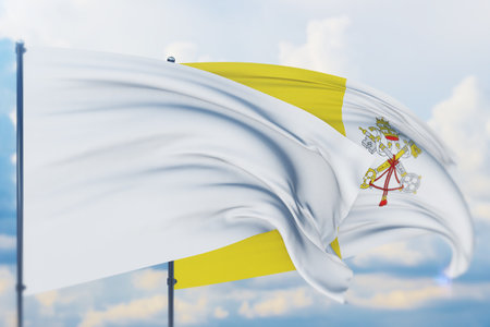 White flag on flagpole waving in the wind and flag of Vatican City. Closeup view, 3D illustration.の写真素材