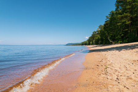Summertime imagery of Lake Baikal is a rift lake located in southern Siberia, Russia Baikal lake summer landscape view from a cliff near Grandmas Bay. Drones Eye View.の写真素材