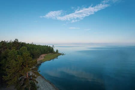 Summertime imagery of Lake Baikal in morning is a rift lake located in southern Siberia, Russia. Baikal lake summer landscape view. Drones Eye View.の写真素材