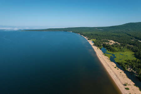 Summertime imagery of Lake Baikal is a rift lake located in southern Siberia, Russia. Baikal lake summer landscape view. Drones Eye View.の写真素材