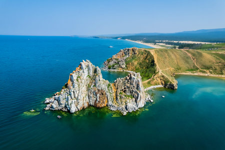 Olkhon Island, the largest island in Lake Baikal in eastern Siberia. Shamanka Rock on Baikal lake...