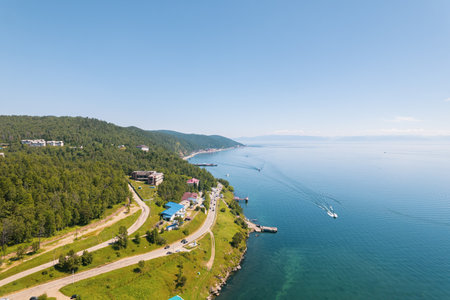 The Angara River in Siberia leaving Lake Baikal near the settlement of Listvyanka. Panoramic aerial view.の写真素材