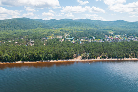 Summertime imagery of Lake Baikal is a rift lake located in southern Siberia, Russia Baikal lake summer landscape view from a cliff near Grandmas Bay. Drones Eye View.の写真素材