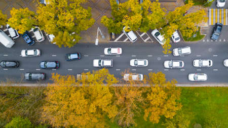 City roads from above - modern urban traffic intersection in autumn timeの写真素材
