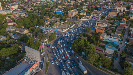 Drones Eye View - traffic jam top view, transportation concept, Krasnodar, Russia / july, 2019のeditorial素材