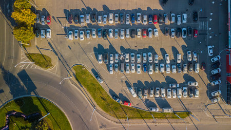 Aerial view of parking with parked cars.の写真素材