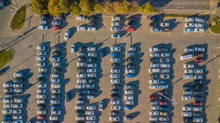 Aerial view of parking with parked cars.の写真素材