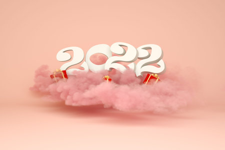 New Years 2022 concert, the numbers on pink clouds, 3D render. 3D greeting card design.