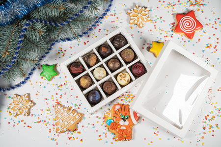 Handmade chocolate truffle candies in a white box on a christmas background. Directly above top...